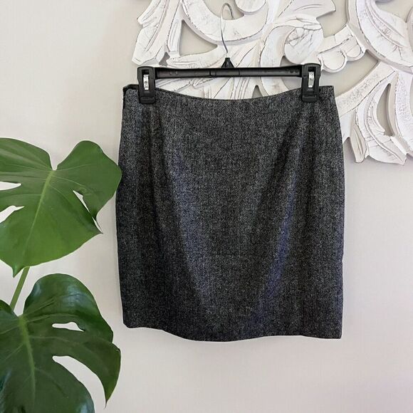 Garnet Hill Wool Skirt Womens 2 Gray Tweed Back Zip Career Minimal Classic Slit - Picture 2 of 8